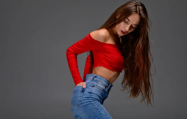 Red, long hair, photo, brown, model, jeans, pose, belly