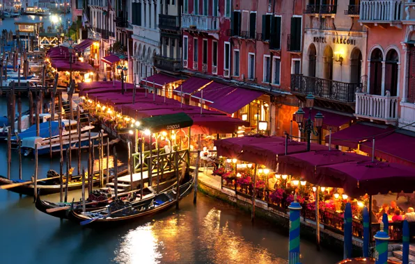 Картинка фонари, Италия, Венеция, сумерки, гондола, светильники, рестораны, Большой канал