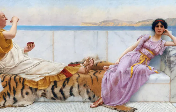 Картинка Девушка, Картина, Двое, Старик, John William Godward, Джон Уильям Годвард, Восемьдесят и восемнадцать, Английский художник-неоклассицист