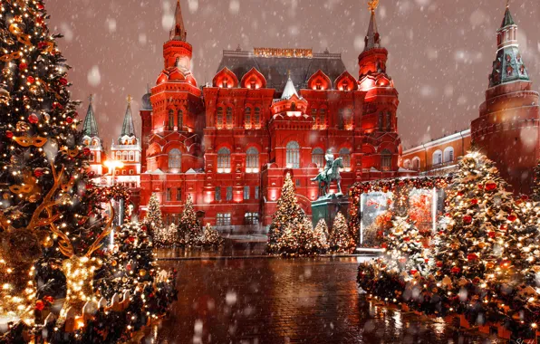 Картинка Москва, новогодние елки, кремлёвская стена, Sergey Shatskov