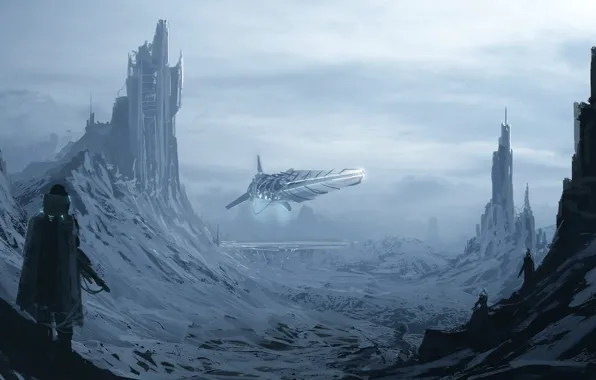 Картинка снег, горы, фантастика, человек, корабль, арт, башни