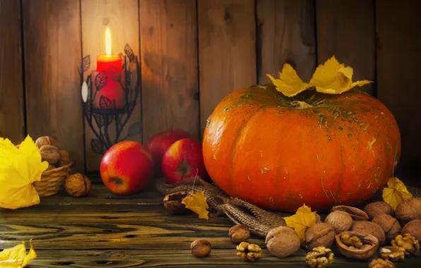 Картинка осень, урожай, тыква, autumn, leaves, nuts, still life, fruits