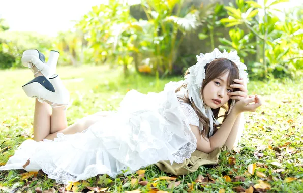 Grass, Beautiful, Asian, Model, Woman, Heels, Lying Down, Laying