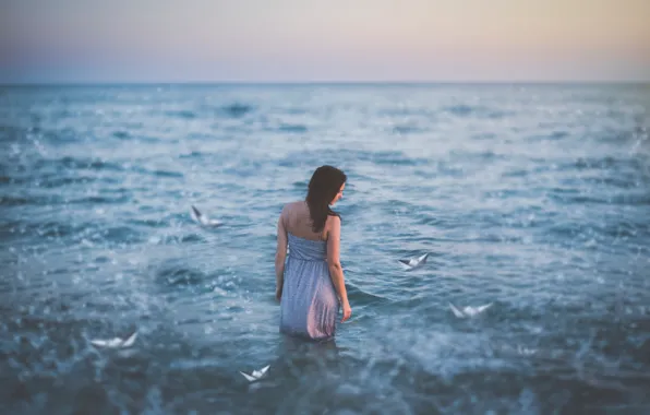 Море, девушка, настроение, бумажные кораблики