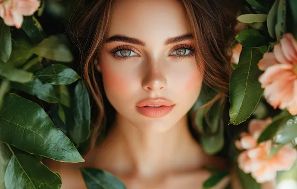 Взгляд, листья, девушка, цветы, лицо, портрет, сад, шатенка