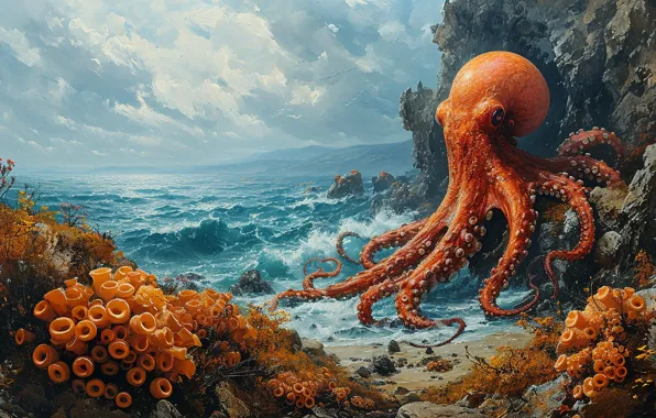 Море, берег, картина, осьминог, живопись, мазки, имитация живописи, ИИ-арт