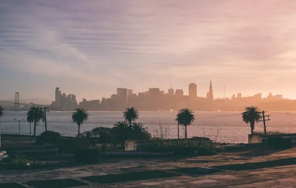 Картинка закат, город, река, пальмы, небоскребы, Сан-Франциско, Золотые Ворота, USA