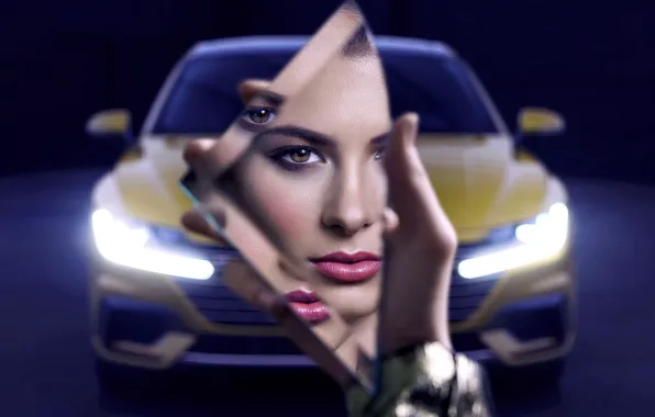 Картинка Volkswagen, Girl, Lights, Yellow, Mirror, Reflection, VAG, Arteon