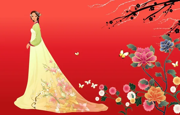 Картинка девушка, цветы, бабочка, арт, азиатка, ханбок