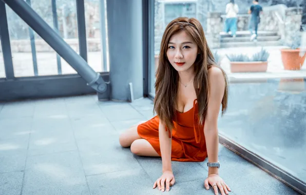 Улыбка, витраж, декольте, азиатка, cleavage, smile, asian, милая девушка