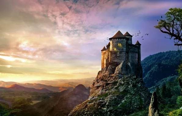 Sky, landscape, birds, castle, montain, Castle in the Clouds