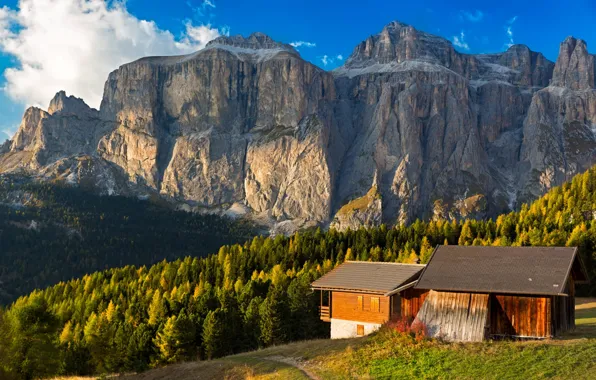 Картинка пейзаж, горы, природа, дом, Альпы, Италия, леса, Доломиты