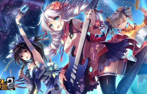 Девушки, гитара, барабаны, микрафон, Kiana Kaslana, Bronya Zaychik, by miHoYo, Mei Raiden