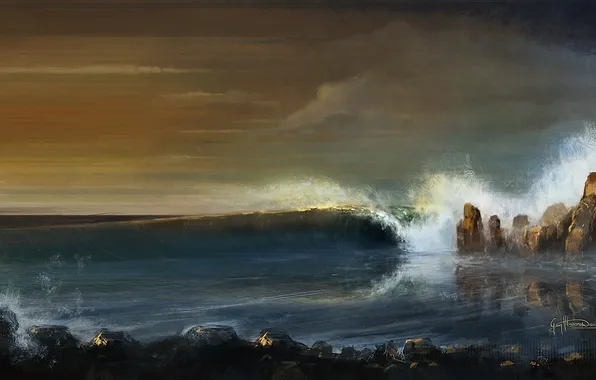 Картинка море, скалы, берег, волна, арт, Georg Hilmarsson