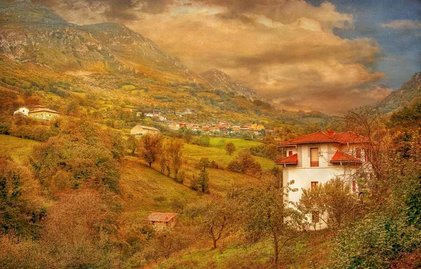 Картинка осень, небо, деревья, горы, дома, долина, склон, холст