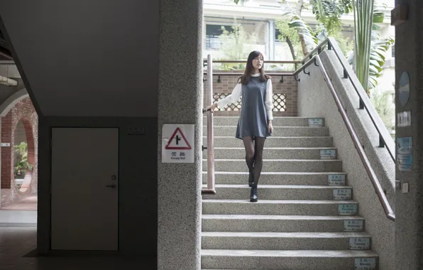 Beautiful, Asian, Model, Woman, Building, Pretty, Stairs, Long Shot