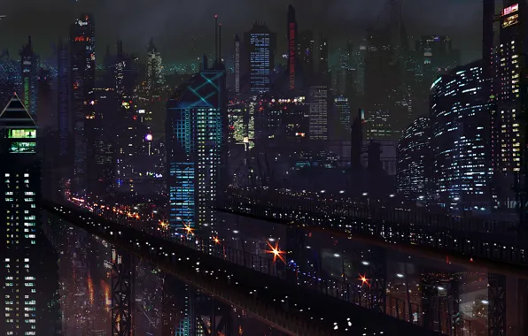 Картинка ночь, город, будущее, фантастика, дороги, небоскребы, арт