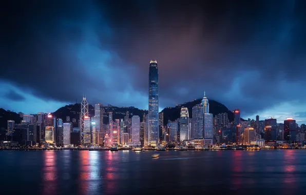 Картинка ночь, город, огни, Гонконг, небоскребы, водоем