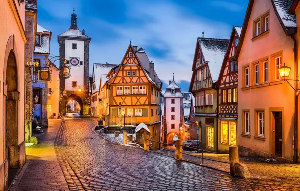 Зима, снег, вечер, Германия, фонари, Germany, Medieval town, Rothenburg