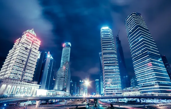 Ночь, мост, огни, дороги, дома, небоскребы, Китай, Шанхай