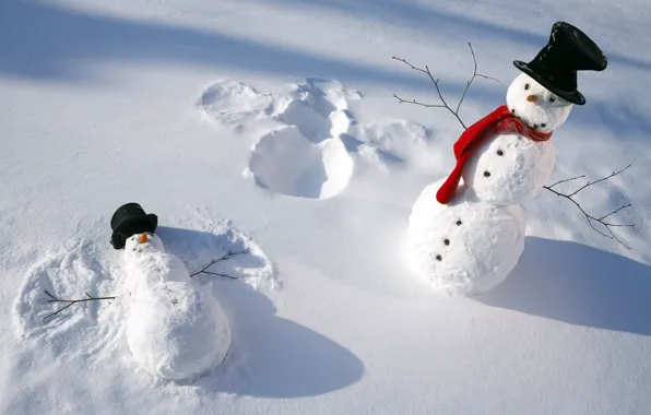 Зима, снег, шарф, снеговики, шапки