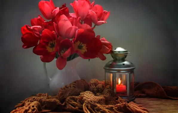 Цветы, стол, свеча, шарф, фонарь, тюльпаны, кувшин, Ковалёва Светлана