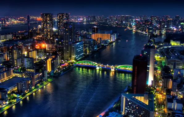 Ночь, мост, огни, река, здания, Япония, Токио, Tokyo