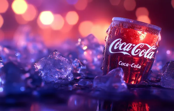 Лед, стекло, colorful, glass, ice, напиток, Coca-Cola, bokeh