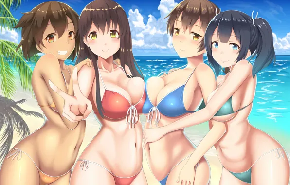 Sexy, cleavage, beach, long hair, sea, girls, brown hair, brown eyes
