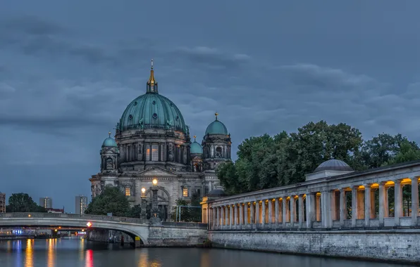 Картинка небо, мост, огни, река, вечер, Германия, Берлин, кафедральный собор