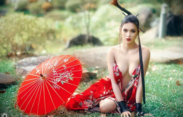 Девушка, зонт, платье, брюнетка, азиатка