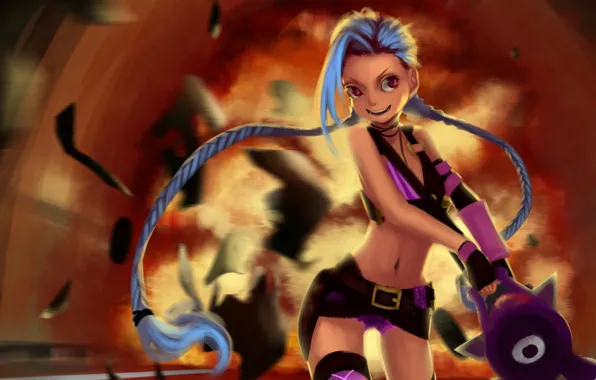 Девушка, взрыв, арт, косички, League of Legends, LoL, Jinx