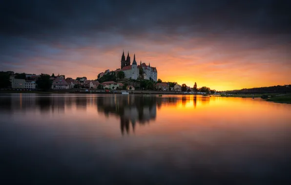 Вода, закат, озеро, отражение, дома, Germany, Saxony, Meisen