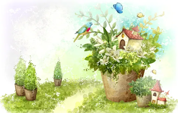 Бабочки, цветы, дом, птица, рисунок, лилии, растения, попугай