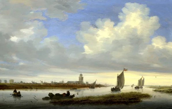 Лодка, картина, парус, морской пейзаж, Salomon van Ruysdael, Саломон ван Рёйсдал, Вид на Девентер с …