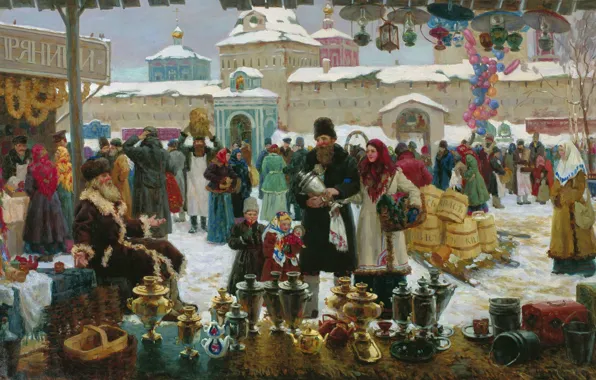 Картинка зима, шарики, масло, церковь, Холст, бочки, пряники, 1999