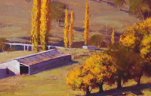 Картинка осень, деревья, пейзаж, мост, арт, постройки, ферма, artsaus