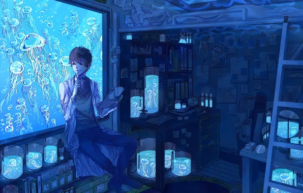 Картинка комната, арт, медузы, парень, лаборатория, под водой, conco