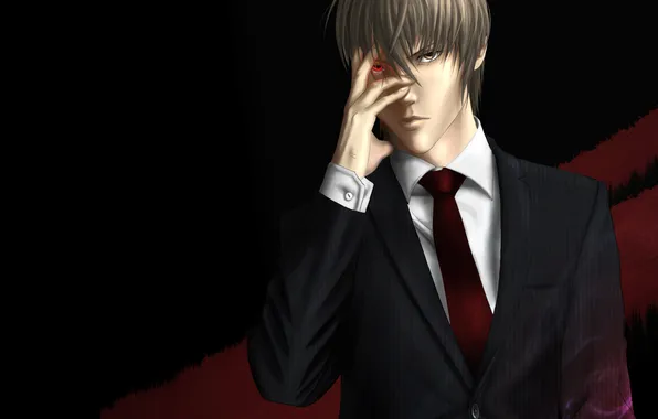 Картинка темный фон, костюм, галстук, парень, красный глаз, DEATH NOTE, Yagami Raito