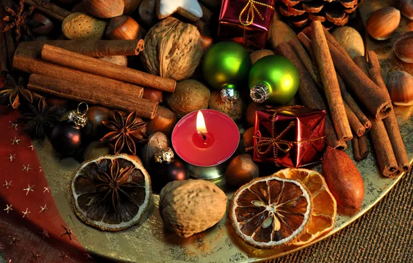 Картинка Новый Год, печенье, Рождество, сладости, фрукты, орехи, корица, Christmas