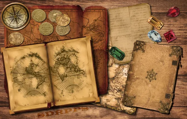 Картинка gold, old, map, book, compass, ruby, coins, emerald