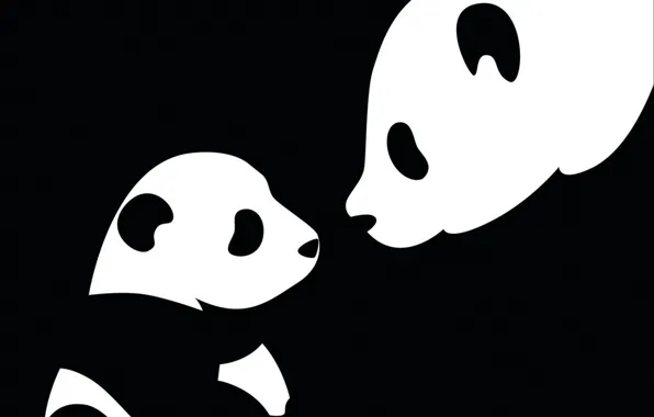 Картинка чёрно-белое, панда, мама, ребёнок