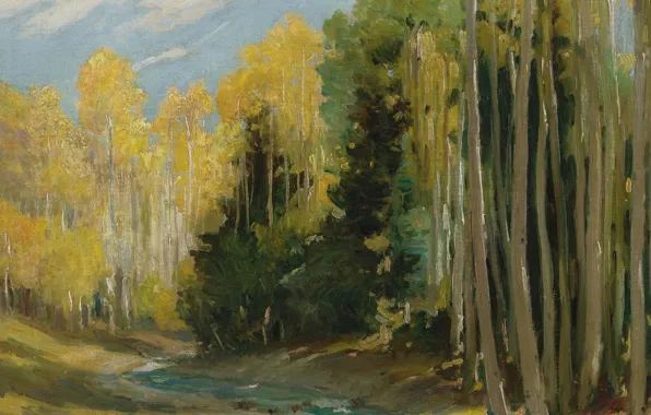 Картинка пейзаж, природа, картина, Joseph Henry Sharp, Осиновый Лес. Каньон Хондо возле Таоса, Джозеф Генри Шарп