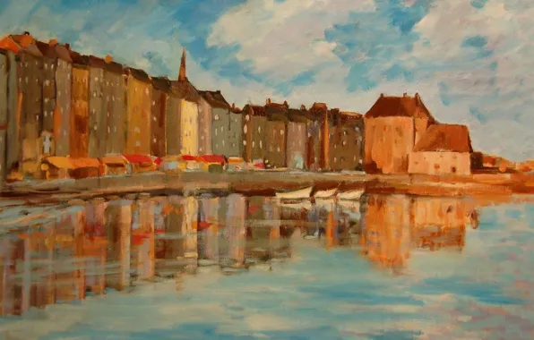 Картинка море, небо, облака, пейзаж, город, дома, картина