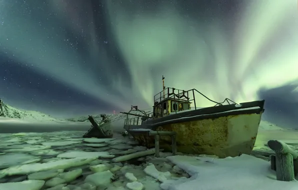 Картинка лодка, аврора, северное сияние, Норвегия