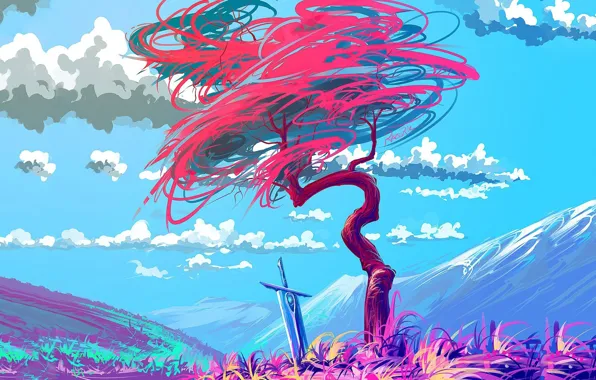 Картинка colorful, sword, fantasy, sky, art, clouds, mountain, tree