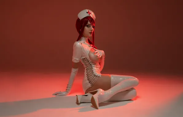 Long hair, model, women, redhead, cosplay, hands on boobs, looking at viewer, strategic covering