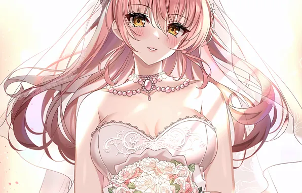 Girl, sexy, cleavage, pink hair, long hair, dress, boobs, anime