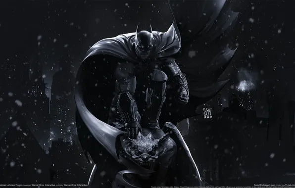 Картинка ночь, город, игра, герой, Бэтмен, полёт, game wallpapers, Batman: Arkham Origins