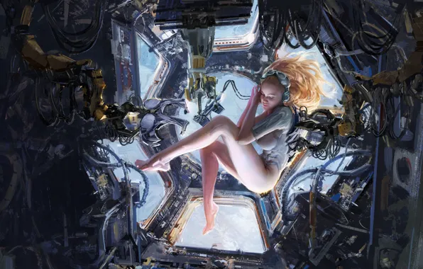 Девушка, космос, фантастика, провода, рисунок, space, иллюминатор, кабель